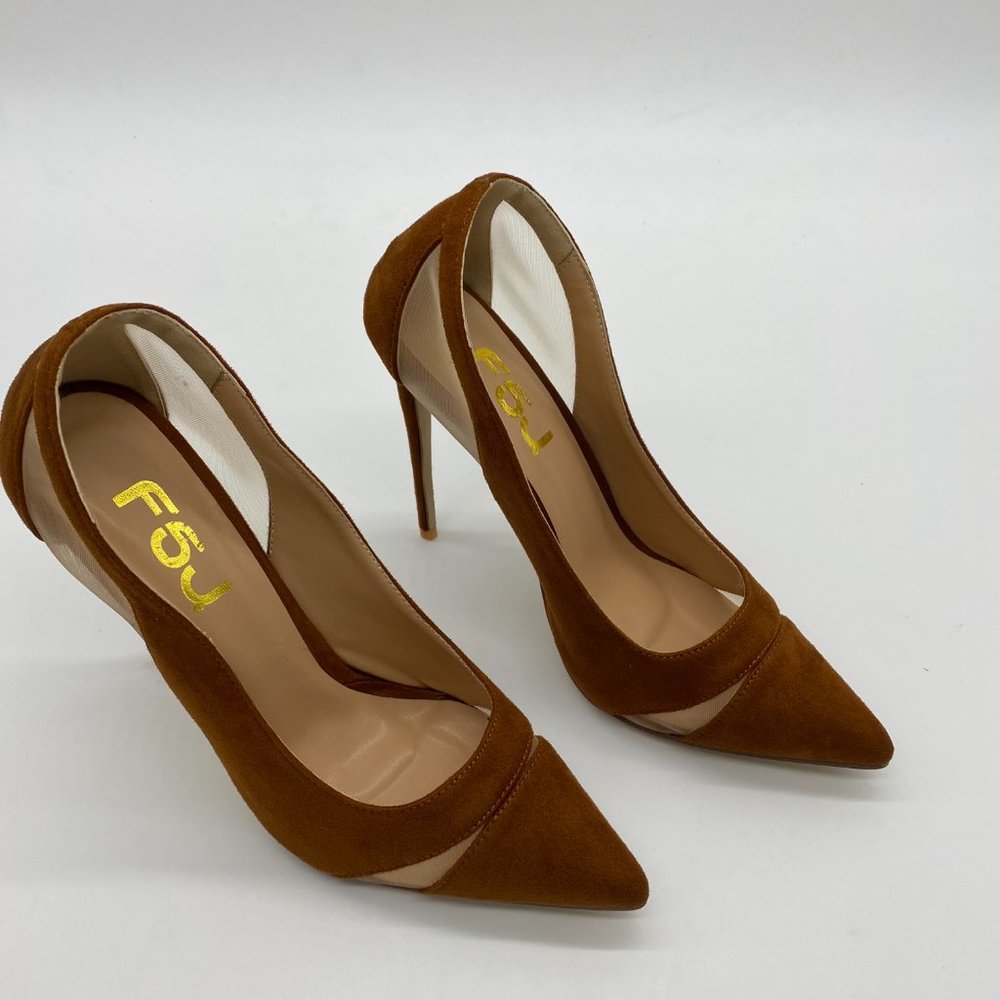 FSJ Brown Mesh High Heel Pointed Toe Pump - Picture 5 of 11